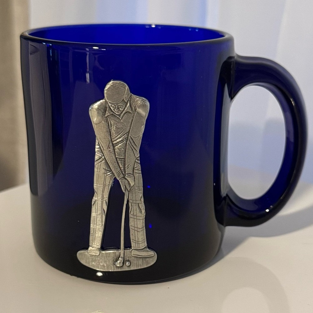 Golf Cobalt Blue Glass Mug Cup with Silver Golfer gentleman Design